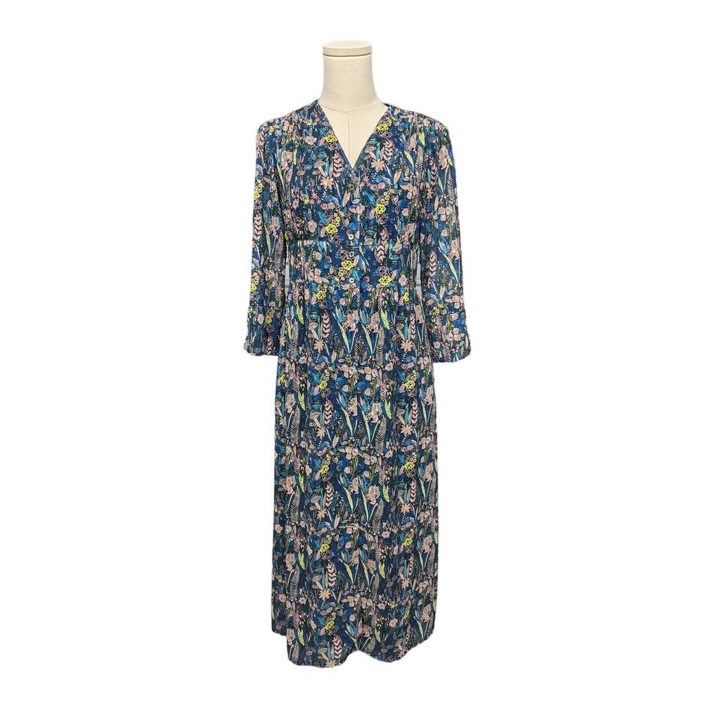 VILAGALLO Size 36 Small Shirt Dress Midi Floral Leaf Busy Poplin Button Front